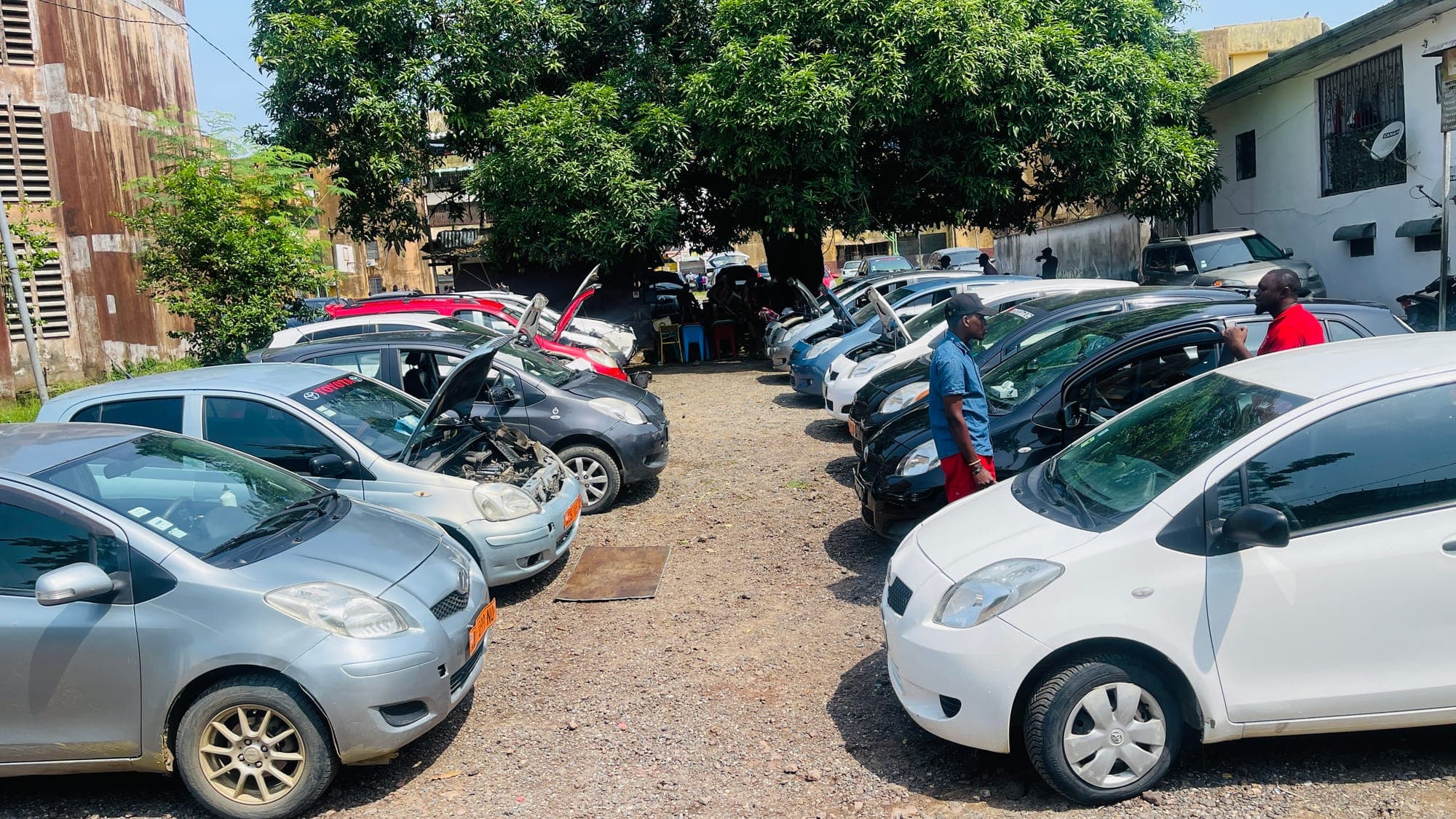 Parc de véhicules Toyota Yaris d’une flotte VTC, capots ouverts pour l’entretien, exploitants au travail